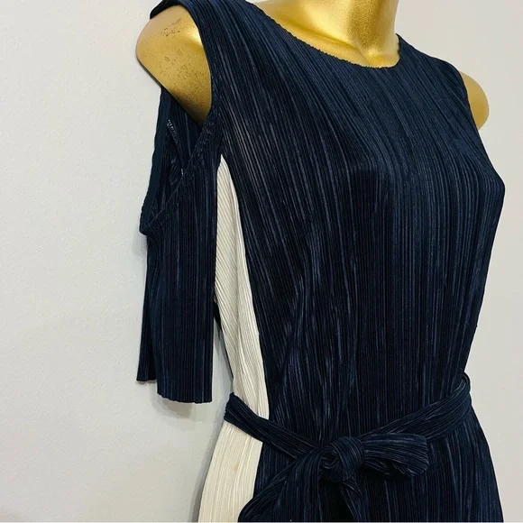 Topshop Pleated Midi Dress – Navy Cream Colorblock Tie Waist – Size 6 - Picture 4 of 6